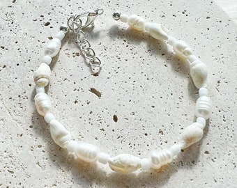 Seashell and freshwater pearls bracelet or anklet with white seed beads - silver plated, sterling silver, or gold filled clasp and extension