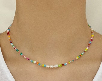 Tiny freshwater pearl trio necklace or choker with colourful mixed glass beads and silver plated, sterling silver, or gold filled clasp