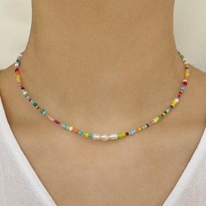 Tiny freshwater pearl trio necklace or choker with colourful mixed glass beads and silver plated, sterling silver, or gold filled clasp