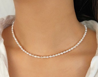 5mm freshwater rice pearl necklace with silver plated, sterling silver, or gold filled clasp and extension chain - various lengths available