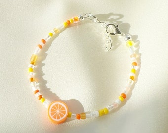 Orange fruit bead bracelet or anklet with mixed orange, yellow, and white beads - elastic or silver plated or sterling clasp clasp