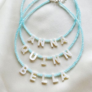 Pastel blue glass bead name or word necklace personalised with mother of pearl letters silver plated, sterling silver, or gold filled clasp image 1