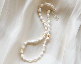 Peut inclure: Un collier de coquillages blancs avec un fermoir argenté. Le collier est sur un fond de tissu blanc.