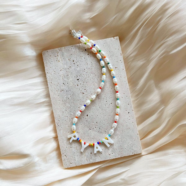 Custom colourful pearl necklace with mother of pearl letter beads and multicoloured seed beads - silver plated, sterling silver, gold filled