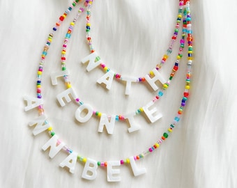 Multicolour glass bead name or word necklace personalised with mother of pearl letters - silver plated, sterling silver, or gold filled