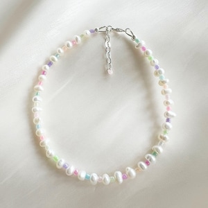 Irregular baroque freshwater pearl bracelet or anklet with pastel seed beads - silver plated, sterling silver, or gold filled clasp