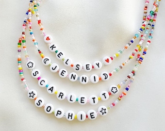 Personalised name or word necklace with multicolour mixed glass beads and silver plated, sterling silver, or gold filled clasp