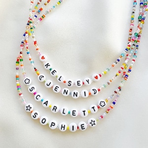 Personalised name or word necklace with multicolour mixed glass beads and silver plated, sterling silver, or gold filled clasp