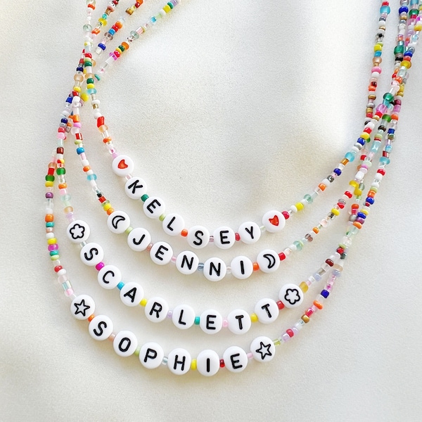 Personalised name or word necklace with multicolour mixed glass beads and silver plated, sterling silver, or gold filled clasp