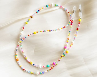 Glasses or sunglasses chain with round freshwater pearls and mixed multicolour glass seed beads - custom lengths available