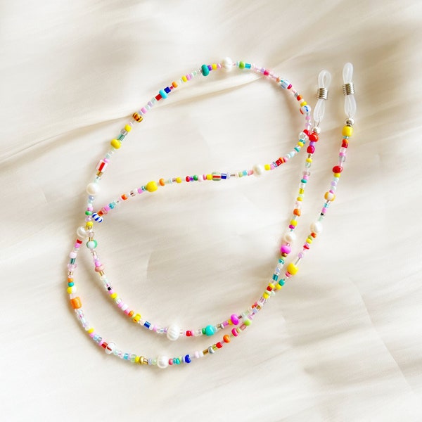 Chaîne de lunettes ou de lunettes de soleil avec perles d'eau douce rondes et perles de rocaille en verre multicolores - longueurs personnalisées disponibles