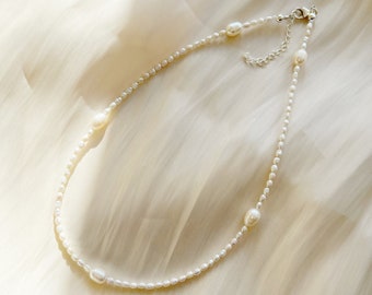 Mixed size freshwater pearls necklace or choker - silver plated, sterling silver, or gold filled clasp and extension chain - bridal necklace