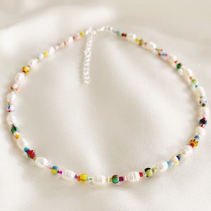 Freshwater pearl necklace with mixed patterned colourful glass beads and silver plated, sterling silver, or gold filled clasp image 6