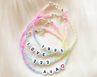 BULK 10-20-30 pack of custom name, date, word bracelets with pastel ombre seed beads - elastic or silver plated clasp with extension chain