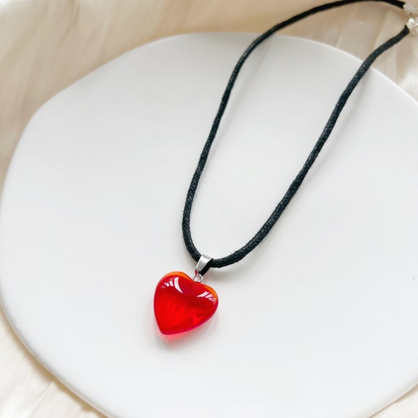 Bright red glass heart pendant choker or necklace with black waxed cotton cord - adjustable or custom length - silver plated clasp