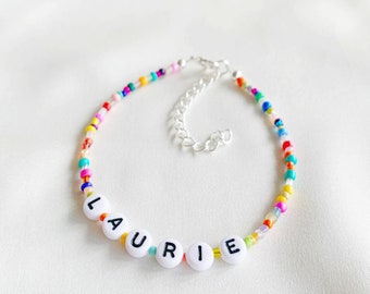 Customisable name or word bracelet or anklet with multicolour beads in elastic, silver plated, sterling silver or gold filled clasp
