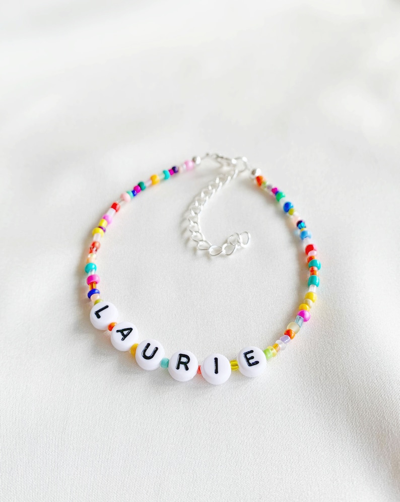 Customisable name or word bracelet or anklet with multicolour beads in elastic, silver plated, sterling silver or gold filled clasp image 1