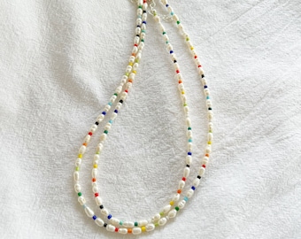 Freshwater pearl necklace or choker with small multicoloured seed beads and silver plated, sterling silver, gold filled clasp and extension