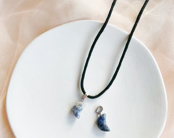 Blue and white patterned crescent moon pendant necklace / choker on black waxed cotton cord - minimal cord choker - 14"-22" option