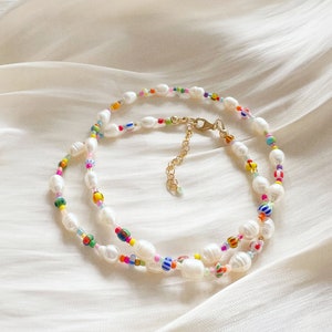 Freshwater pearl necklace with mixed patterned colourful glass beads and silver plated, sterling silver, or gold filled clasp image 5