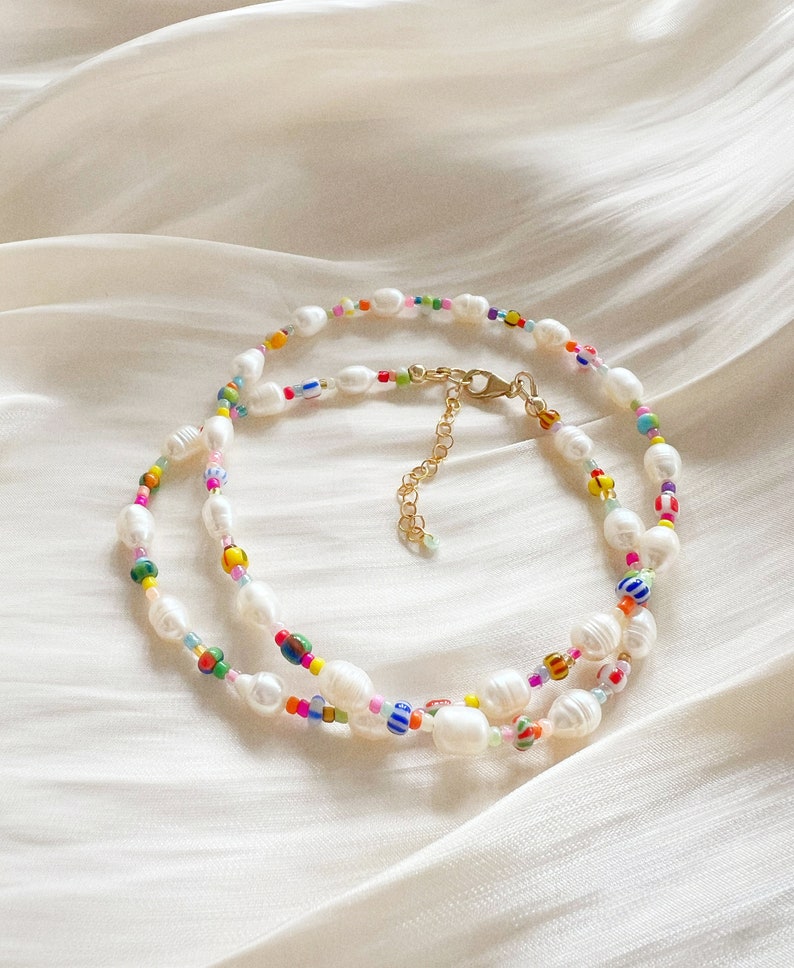 Freshwater pearl necklace with mixed patterned colourful glass beads and silver plated, sterling silver, or gold filled clasp image 5