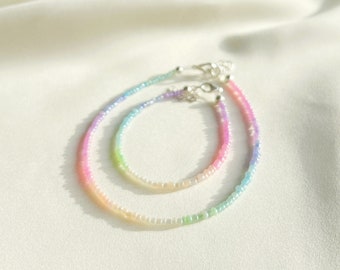 Pastel ombre bracelet / anklet with iridescent seed beads - silver plated, sterling silver, or gold filled clasp and extension chain