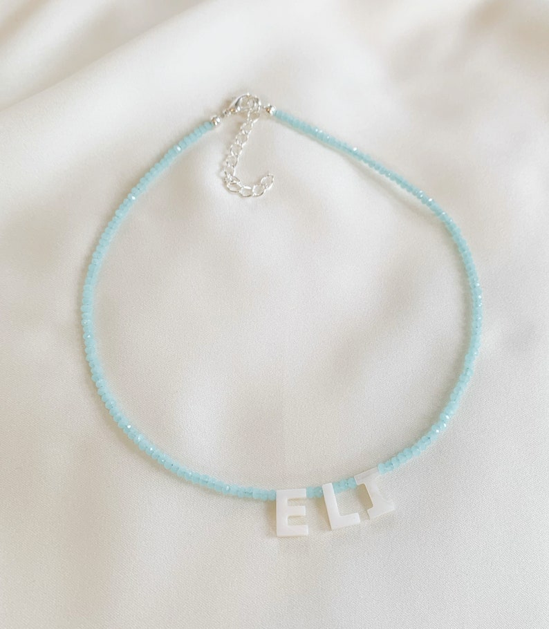 Pastel blue glass bead name or word necklace personalised with mother of pearl letters silver plated, sterling silver, or gold filled clasp image 3