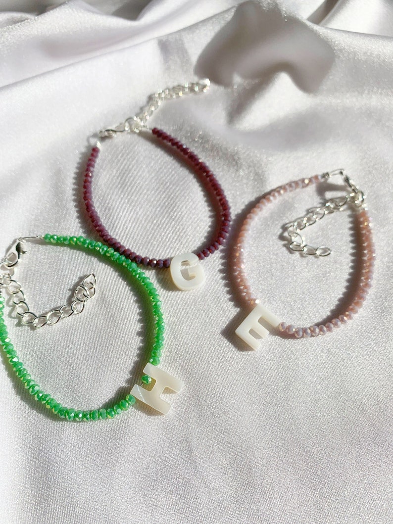 Custom initial bracelet or anklet with coloured glass beads 24 colour options silver plated, sterling silver, gold filled clasp image 3