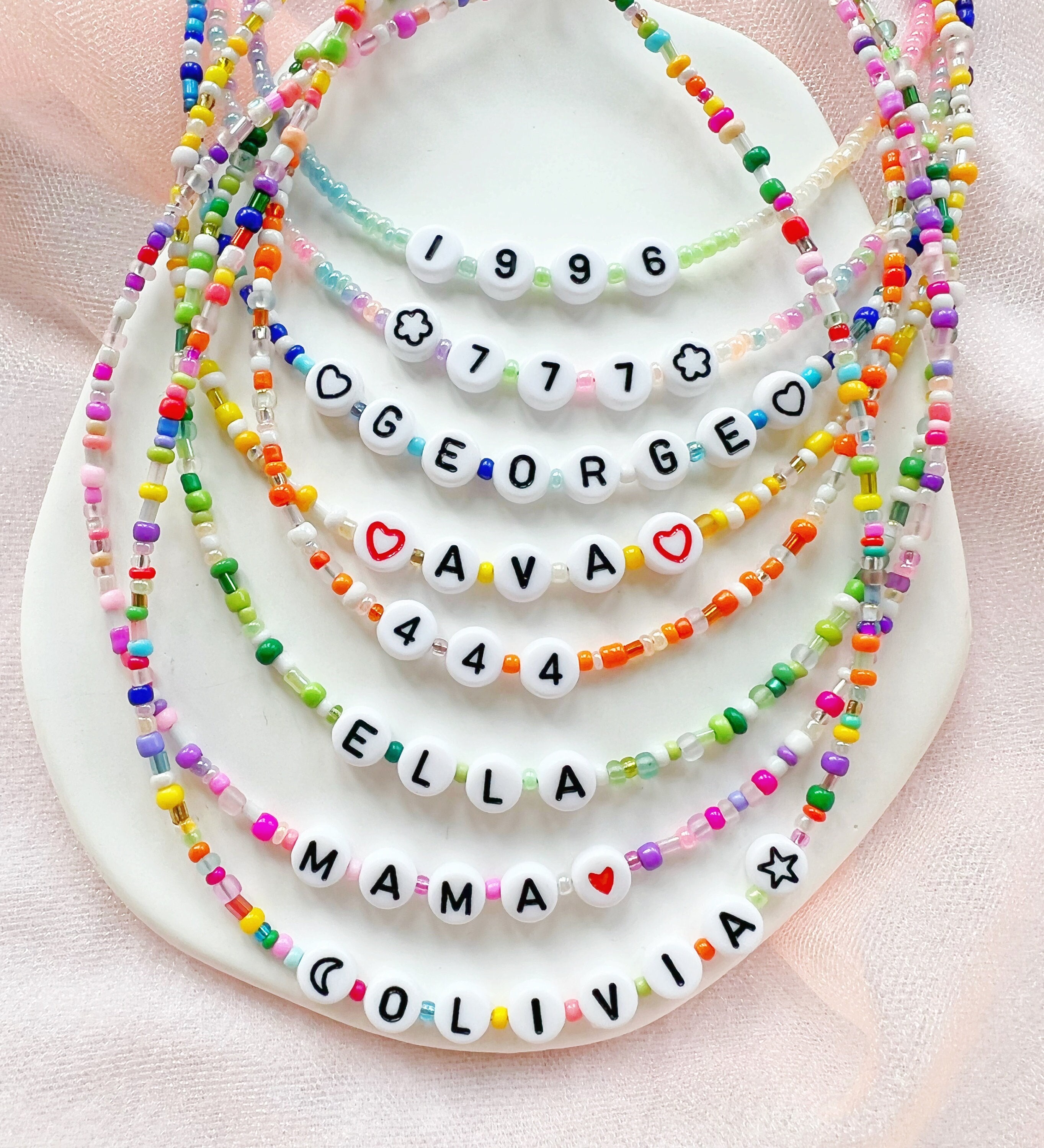 Little Girls Beaded Necklace, Personalised Name Necklace, Smiley