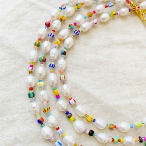 Freshwater pearl necklace with mixed patterned colourful glass beads and silver plated, sterling silver, or gold filled clasp image 8