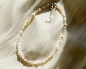 Irregular freshwater pearl necklace or choker with mixed size and shape pearls and silver plated, sterling silver, or gold filled clasp