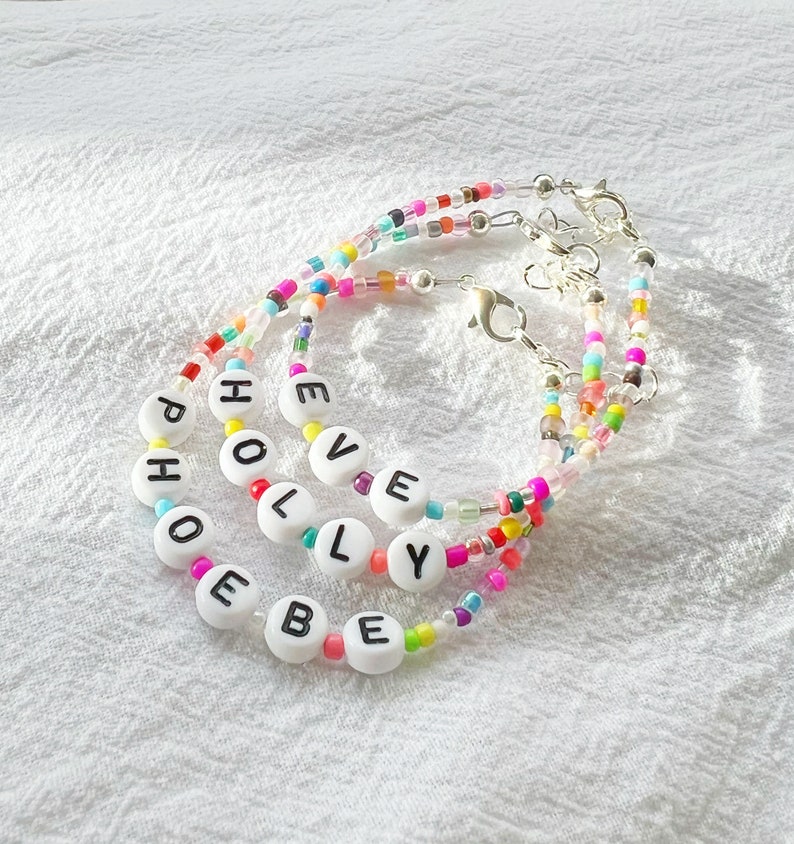 Customisable name or word bracelet or anklet with multicolour beads in elastic, silver plated, sterling silver or gold filled clasp image 6
