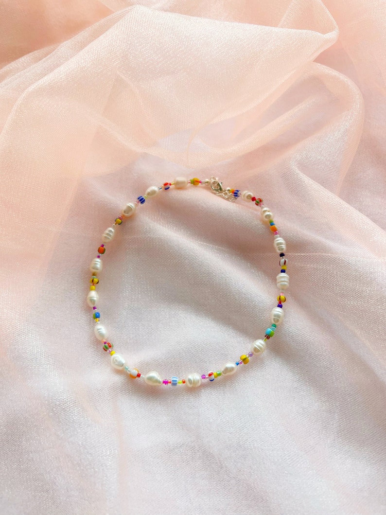 Freshwater pearl necklace with mixed patterned colourful glass beads and silver plated, sterling silver, or gold filled clasp image 7