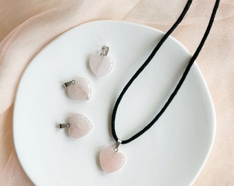 Pastel pink heart pendant choker necklace with black waxed cotton cord - adjustable length - unisex choker - silver plated - 2cm pendant