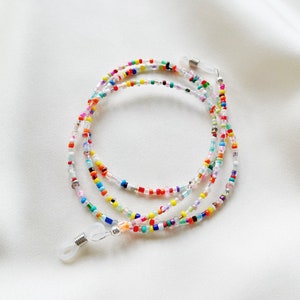 Bunte Brillenkette aus Sterling Silber mit gemischten mehrfarbigen Glas-Rocailles - individuelle Längen möglich