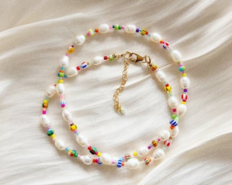 Freshwater pearl necklace with mixed patterned colourful glass beads and silver plated, sterling silver, or gold filled clasp