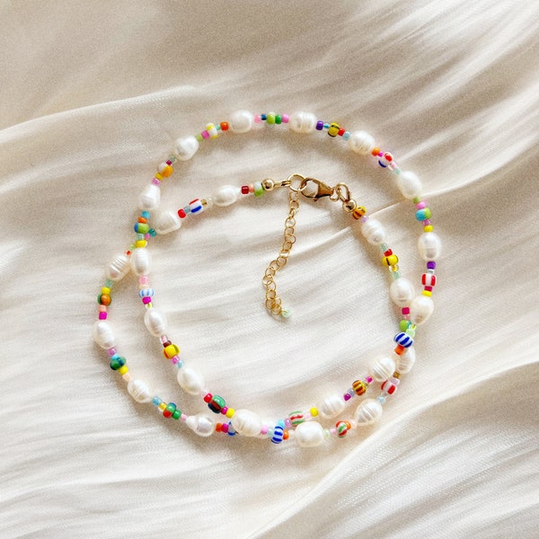 Freshwater pearl necklace with mixed patterned colourful glass beads and silver plated, sterling silver, or gold filled clasp