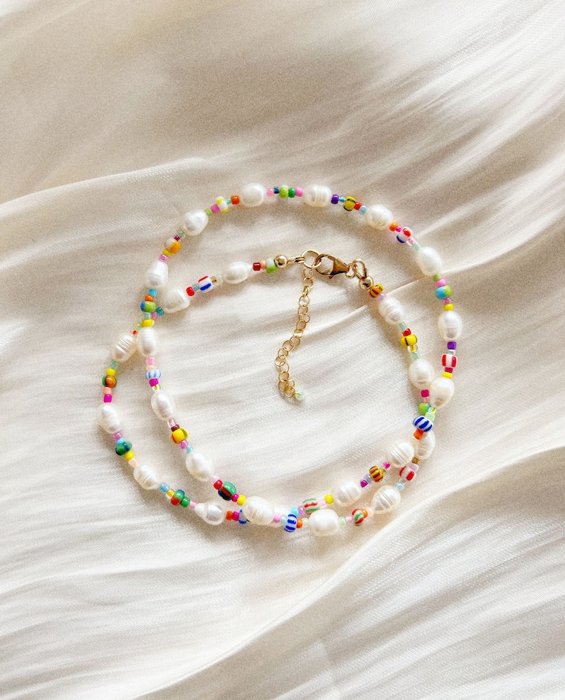 Freshwater pearl necklace with mixed patterned colourful glass beads and silver plated, sterling silver, or gold filled clasp image 1