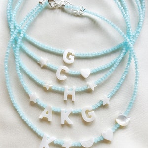 Pastel blue glass bead name or word necklace personalised with mother of pearl letters silver plated, sterling silver, or gold filled clasp image 9