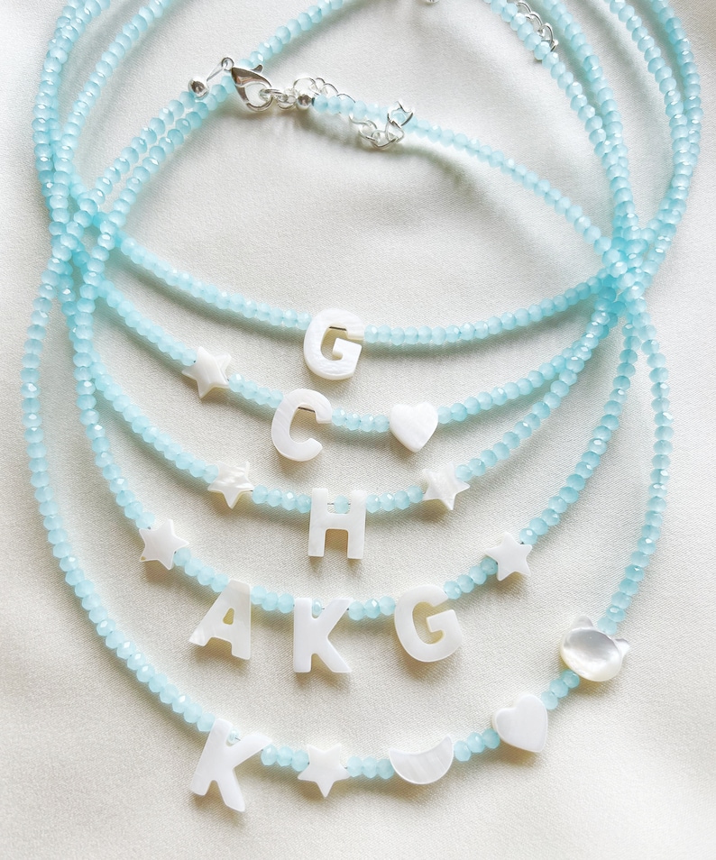 Pastel blue glass bead name or word necklace personalised with mother of pearl letters silver plated, sterling silver, or gold filled clasp image 9