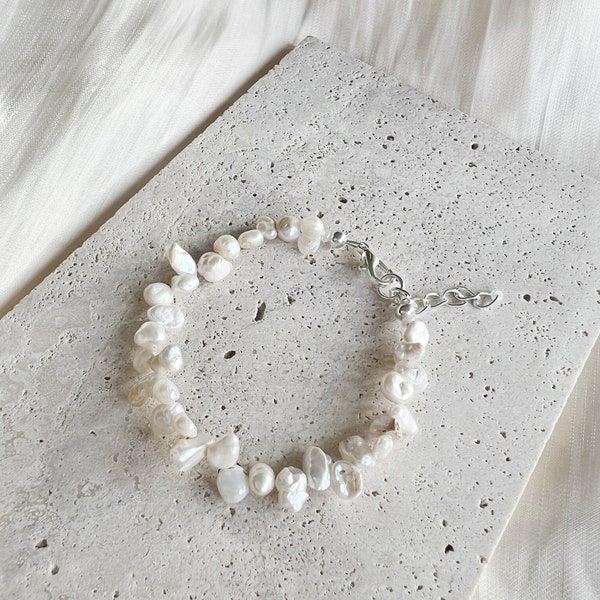 Irregular freshwater petal pearl bracelet or anklet with silver plated, sterling silver, or gold filled clasp and extension chain