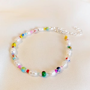 Freshwater pearl bracelet or anklet with mixed patterned glass beads silver plated, sterling silver, or gold filled clasp image 8