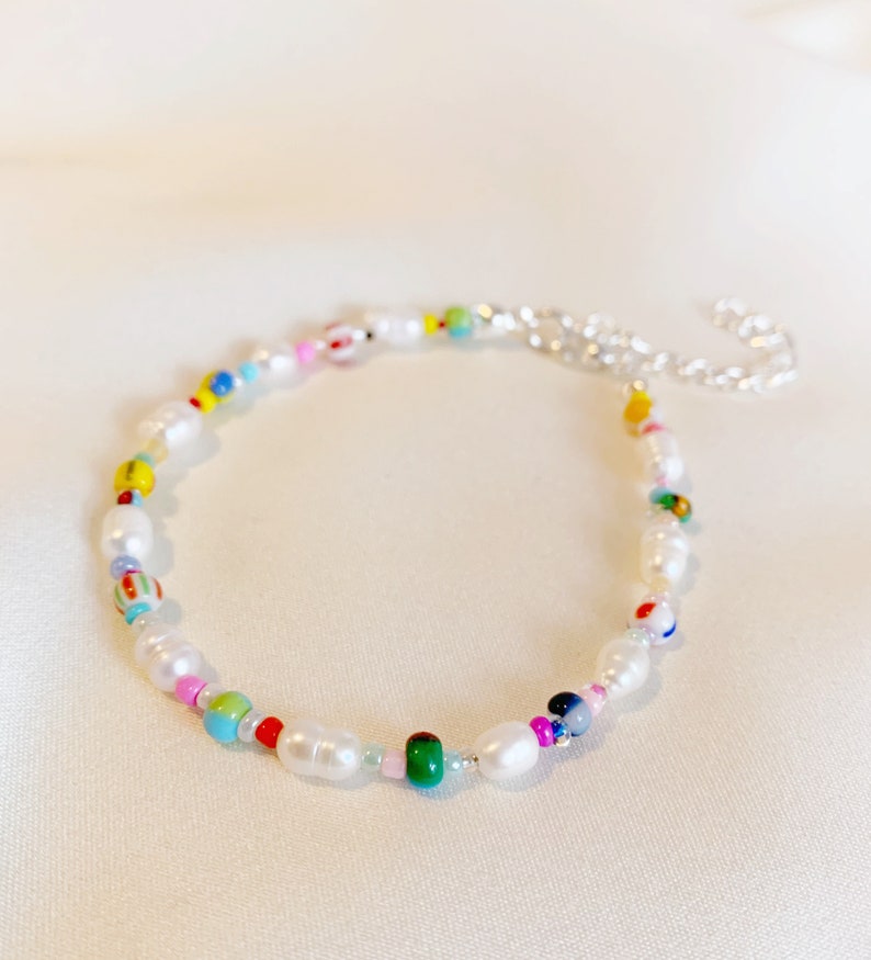 Freshwater pearl bracelet or anklet with mixed patterned glass beads silver plated, sterling silver, or gold filled clasp image 8