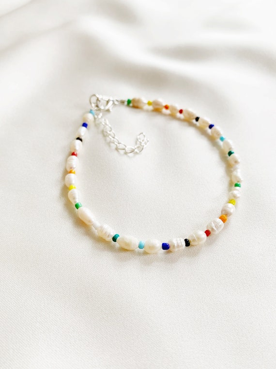 Small Rice Pearl Bracelet or Anklet With Tiny Multi-coloured Glass