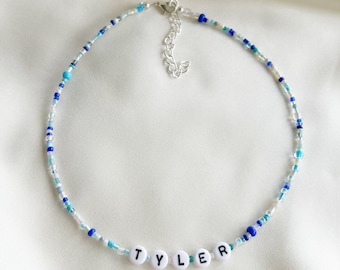 Personalised name necklace with mixed blue glass beads - custom name, word, numbers, date - silver plated clasp