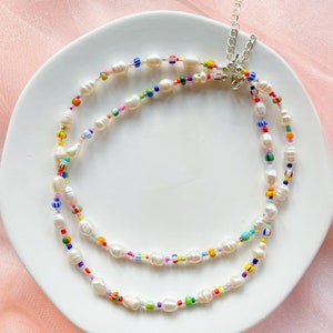 Freshwater pearl necklace with mixed patterned colourful glass beads and silver plated, sterling silver, or gold filled clasp image 2