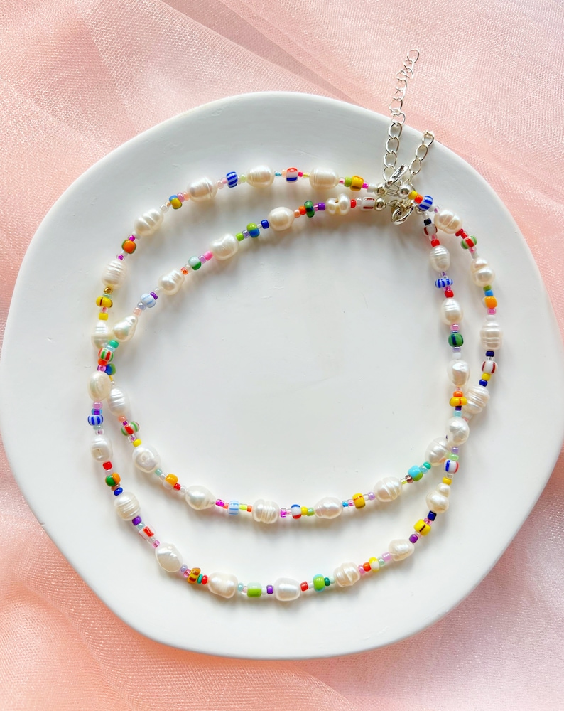 Freshwater pearl necklace with mixed patterned colourful glass beads and silver plated, sterling silver, or gold filled clasp image 2
