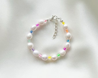 Freshwater pearl bracelet or anklet with neon coloured glass beads - silver plated, sterling silver, or gold filled clasp