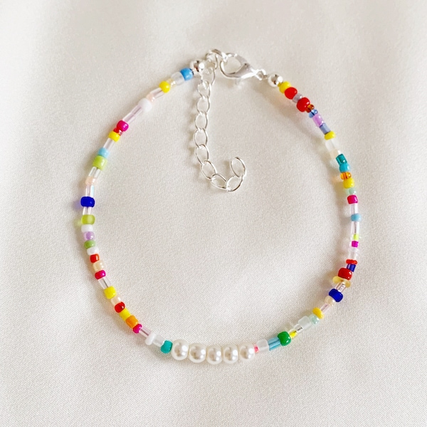 Tiny faux pearl bracelet or anklet with colourful mixed glass seed beads and silver plated clasp and extension - custom lengths available