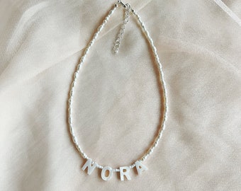 Personalised name / word necklace with freshwater pearls and white glass seed beads and silver plated, sterling silver, or gold filled clasp